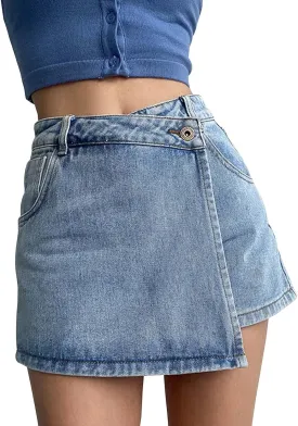 Women's High Waisted Denim Skort Summer Tendy Vintage Wrap Hem Asymmetrical Jean Mini Skirt Shorts with Pockets