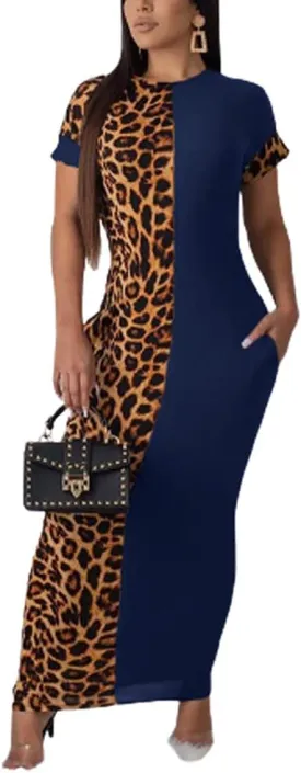 Womens Leopard Print Long Dresses - Short Sleeve Bodycon Club Midi Dress with Pockets