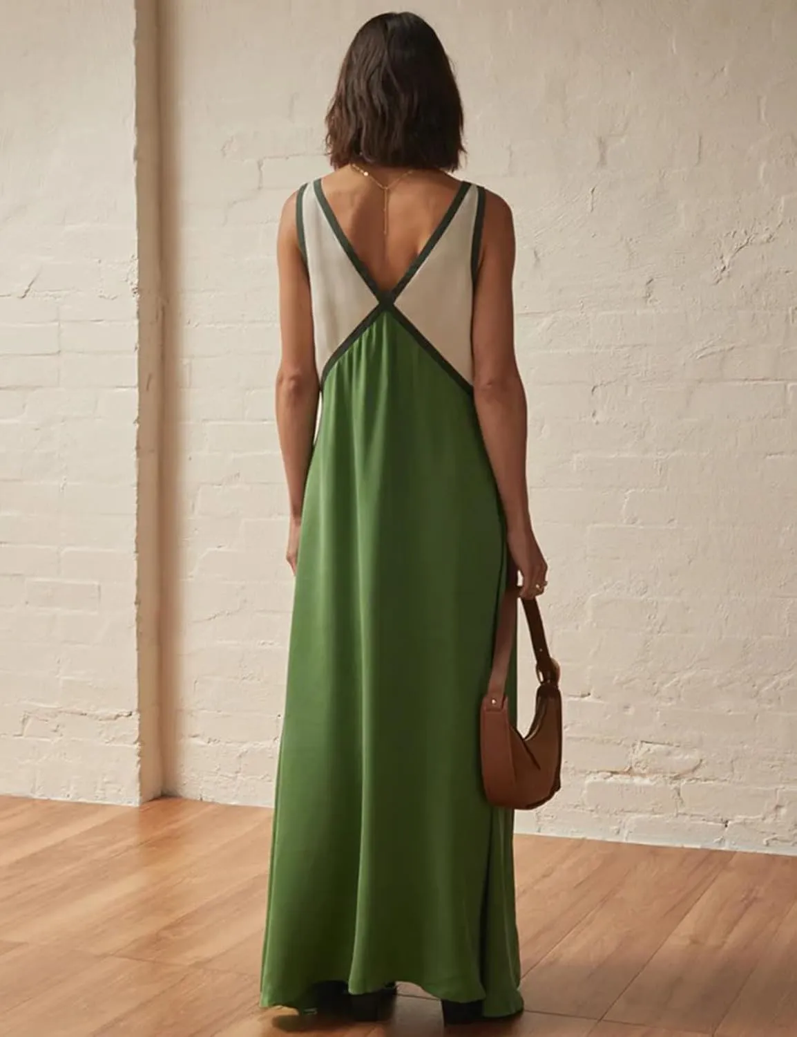 Womens Summer Color Block Satin Dress Loose V Neck Contrast Patchwork Flowy Beach Vacation Long Tank Maxi Dresses
