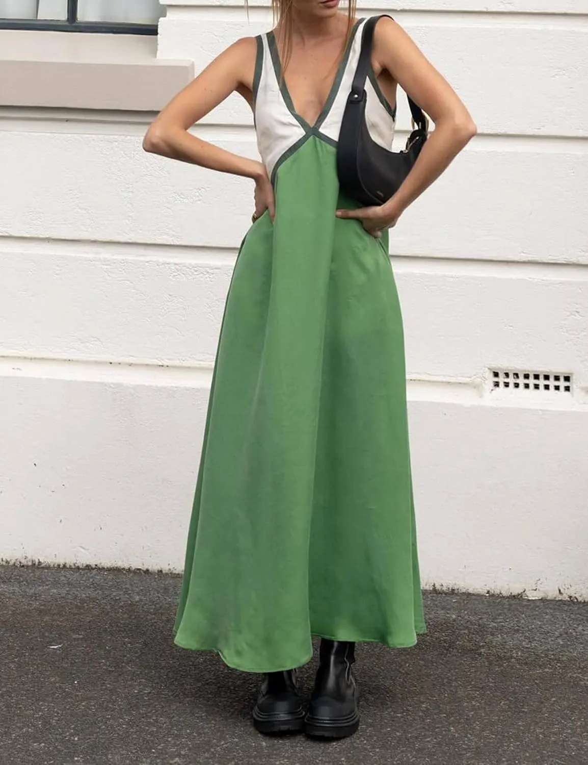 Womens Summer Color Block Satin Dress Loose V Neck Contrast Patchwork Flowy Beach Vacation Long Tank Maxi Dresses