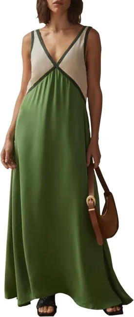 Womens Summer Color Block Satin Dress Loose V Neck Contrast Patchwork Flowy Beach Vacation Long Tank Maxi Dresses