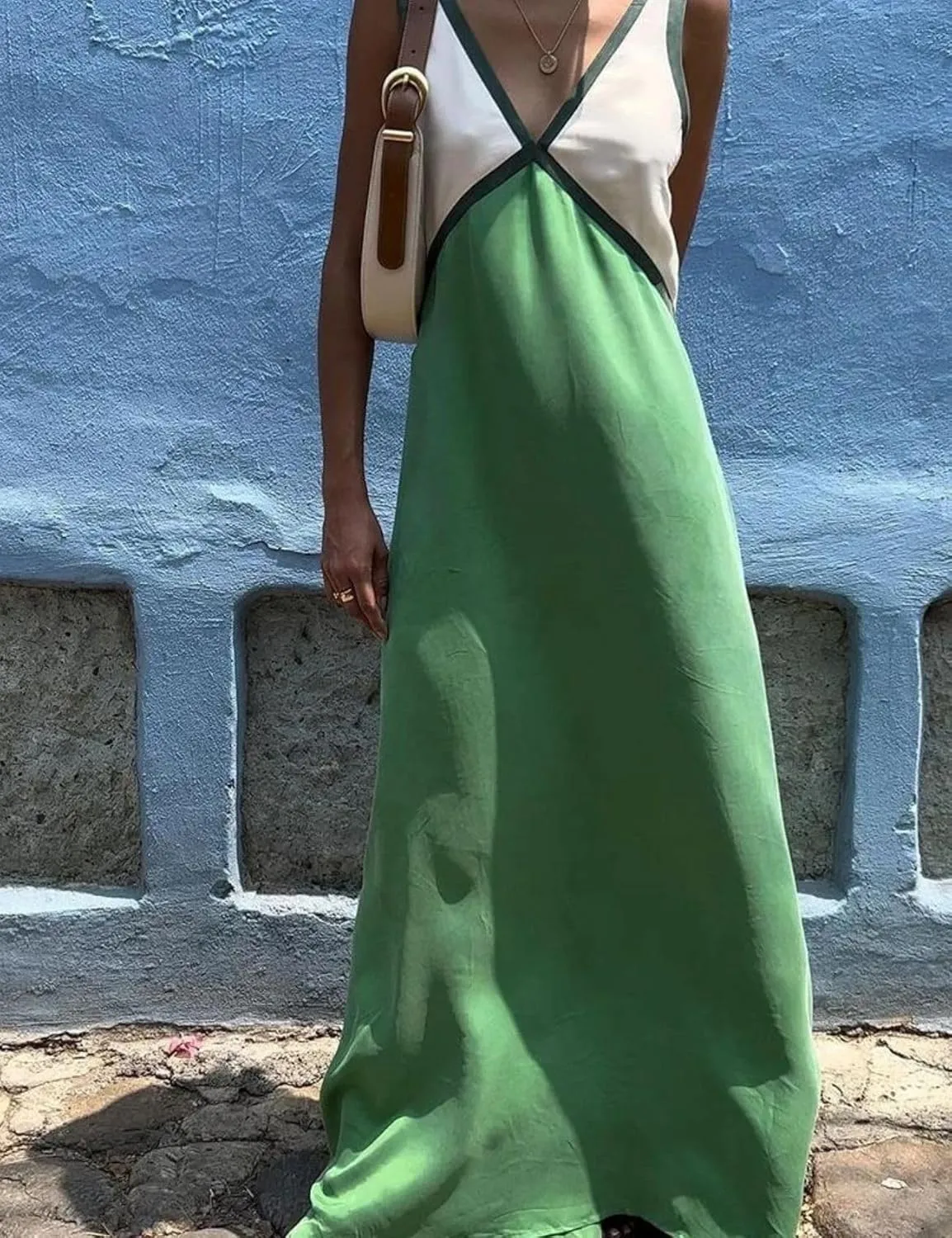 Womens Summer Color Block Satin Dress Loose V Neck Contrast Patchwork Flowy Beach Vacation Long Tank Maxi Dresses